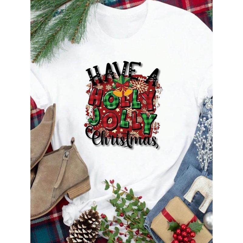 (European Size) New Year Holiday Lovely Trend 90s Tee Merry Christmas Top Festival Casual Women Print Lady Short Sleeve Fashion Graphic T-shirts