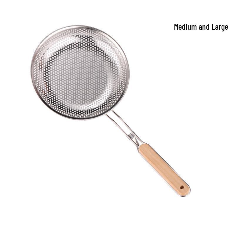 Wooden Handle Stainless Steel Perforated Oil Skimmer Ladle for Dumplings and Noodles - Thickened Frying Spoon Strainer.