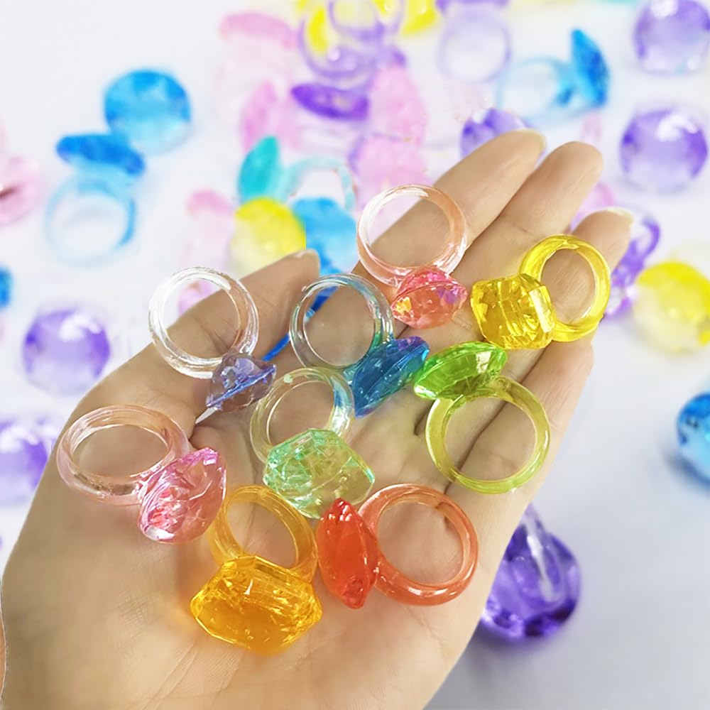 SPRMUD Plastic Acrylic Rings, Multiple Shapes, Assorted Colors, Diamond Rings, Party Favors for Girls, Birthday Gifts, Prizes, Carnival Toys, Goodie