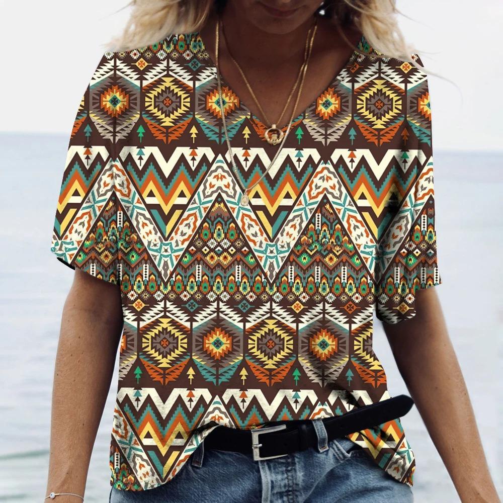 Retro Ethnic Style 3D Digital Printed Women's Fashionable V-neck Short Sleeved T-shirt