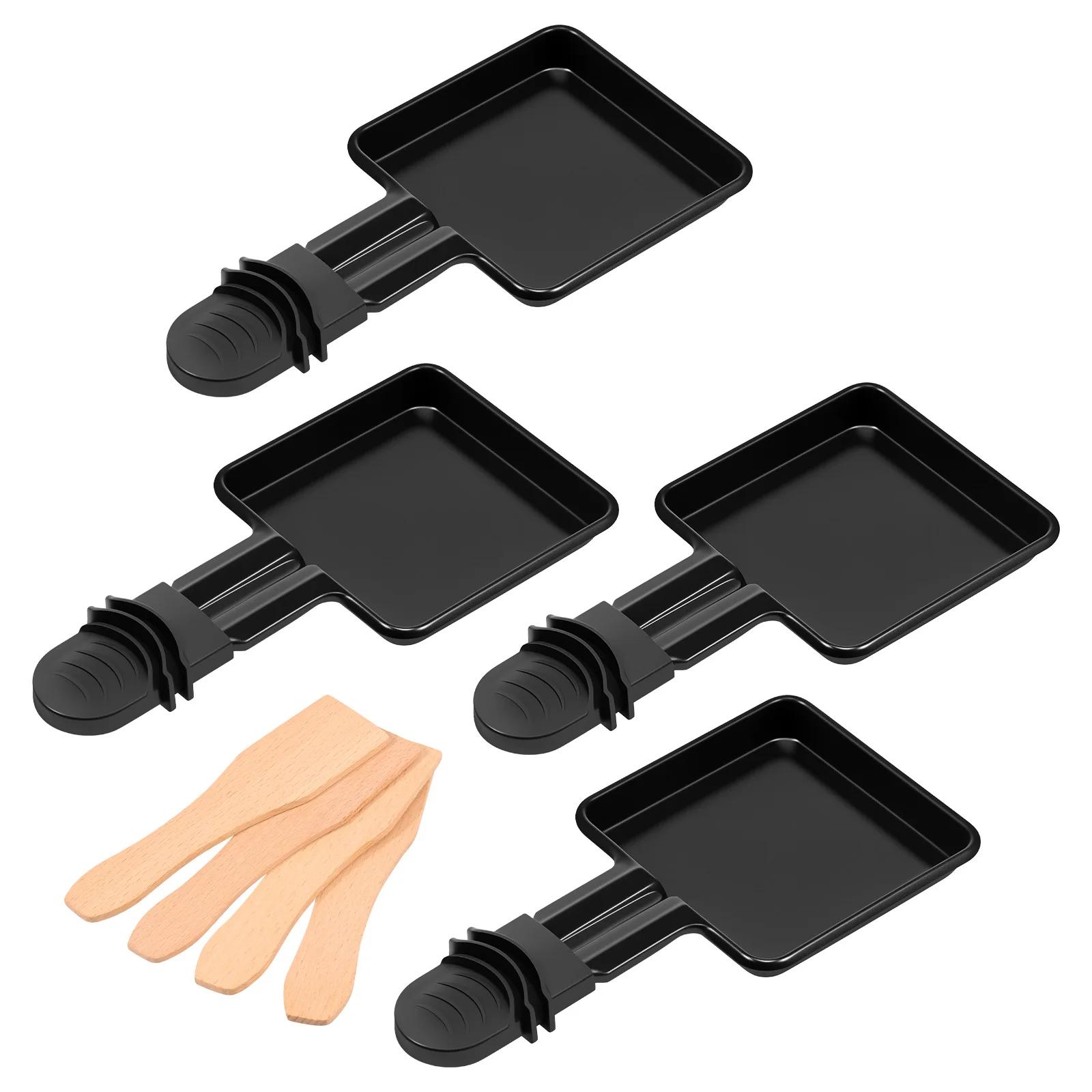 

4pc Square Shape Mini Raclette Grill Pans Handle Cheese Melt Pan Non-Stick Stainless Steel BBQ Cooking Pans Eggs Cheese Melt Pan