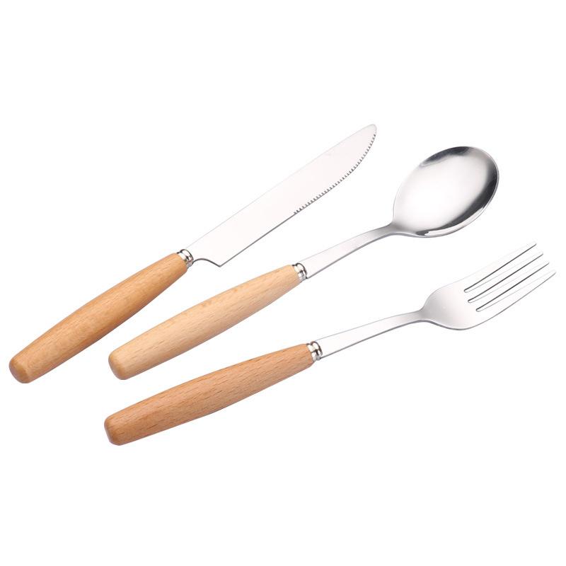 Japanese Stainless Steel Tableware Set, Wood Handle Set, Knife, Fork, Spoon, Fruit Fork, Chopsticks, Unibody Kitchen Set
