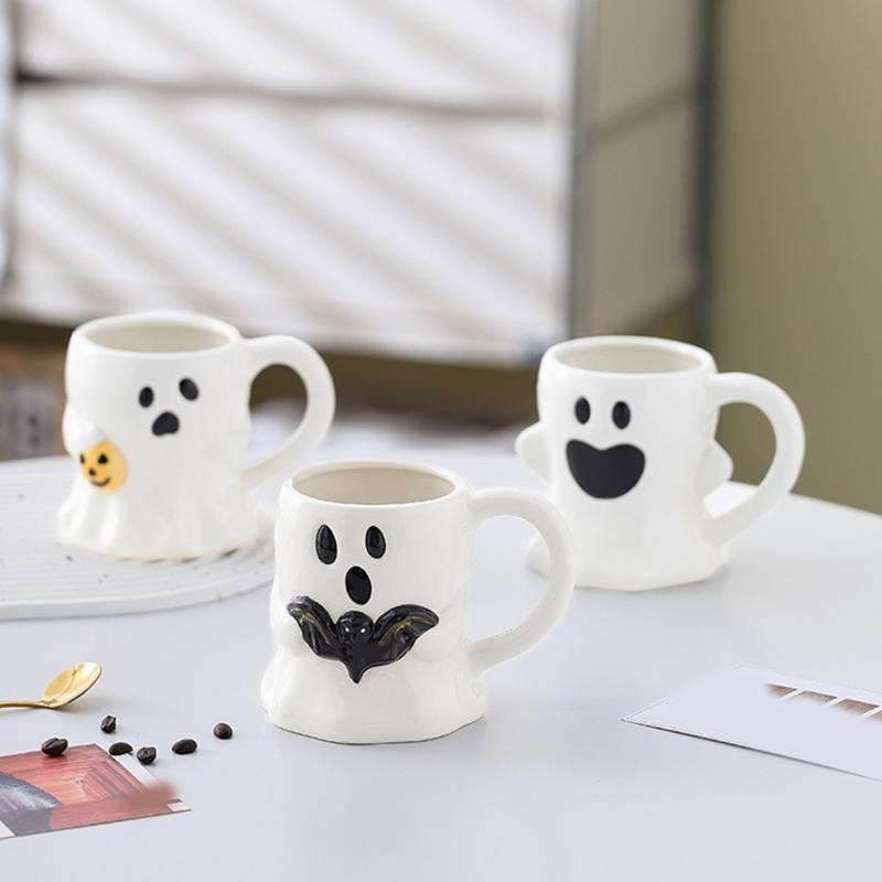 Roztomilé hrnčeky z bieleho porcelánu s tematikou ghúlov, odolná keramika, ideálne na halloweenske dekorácie alebo do kancelárie