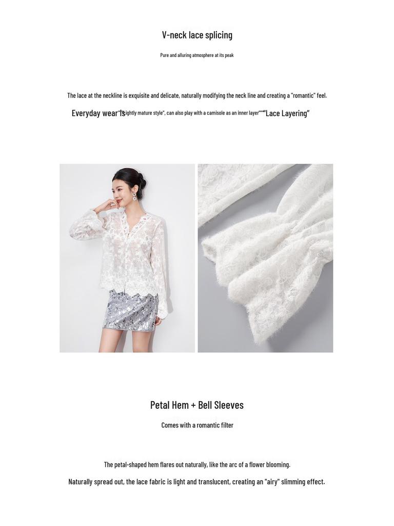 Women's V-Neck Lace Top with 3D Embroidery Design