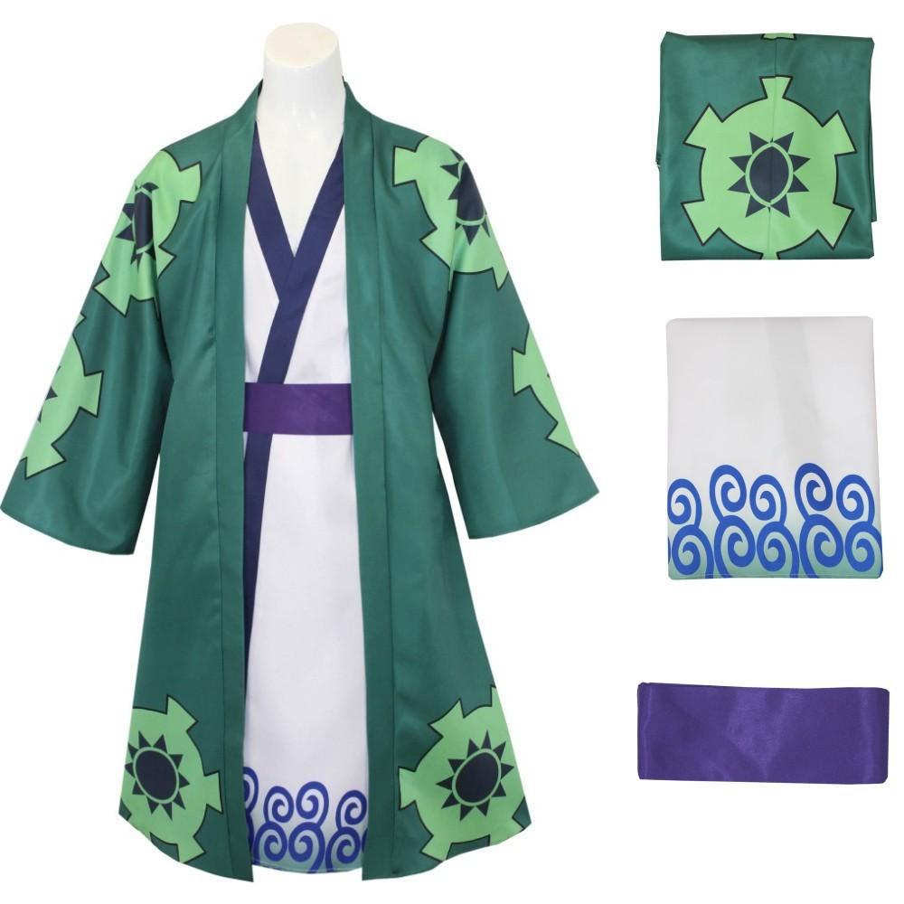 Zelené Kimono Roronoa Zoro Cosplay Anime Kostým Uniforma na Halloween Pánský Oblek Podšívka Paruka Vnější oděv Pásek Disfraz Halloween