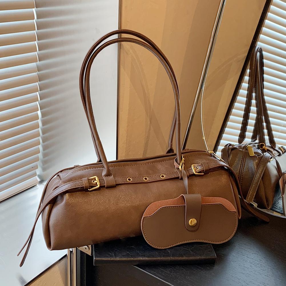 Boston Handbag For Women Solid Shoulder Bag Pu Leather Casual Bowling Bag Retro Commuter Bag