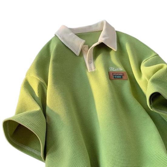Sommer T-skjorte for menn Turn-down krage Vintage Løs Vaffeltekstur Ensfarge Halve ermer amerikansk stil Streetwear Outdoor Top