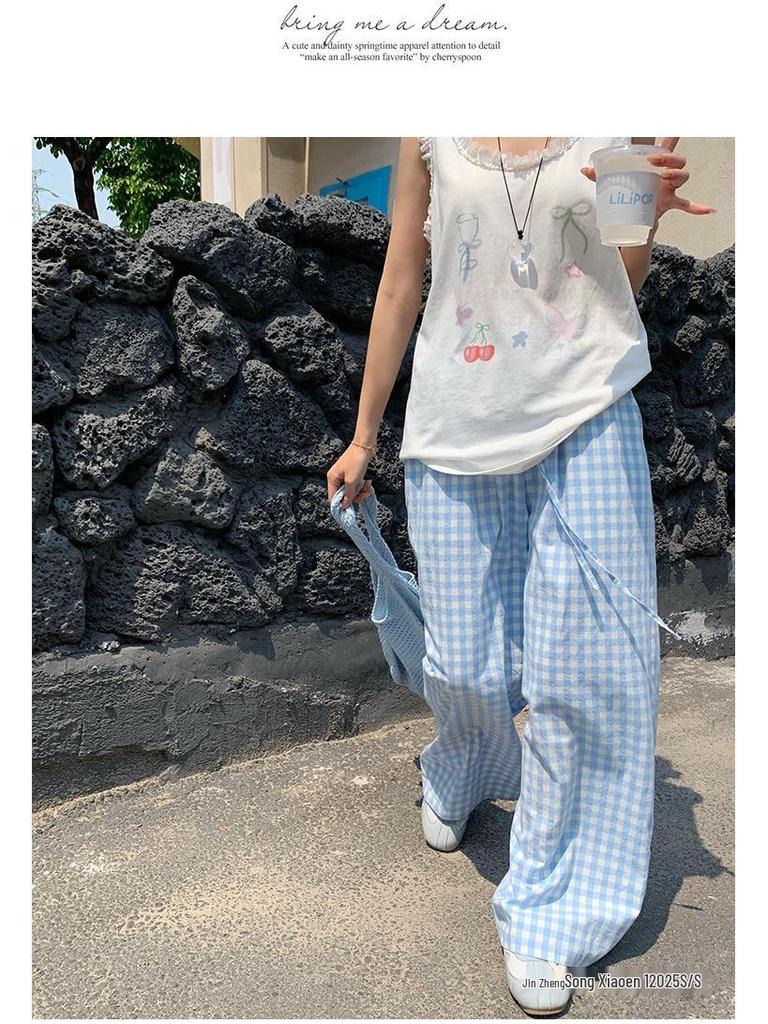Song Zhengen Women’s High Waist Light Blue Plaid Wide-Leg Summer Pants