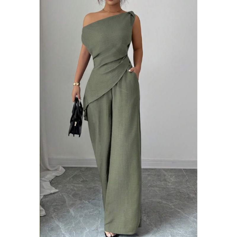 2026 Womens Off-Shoulder Sleeveless Solid Color Wide Leg Pants Set Casual Outfit