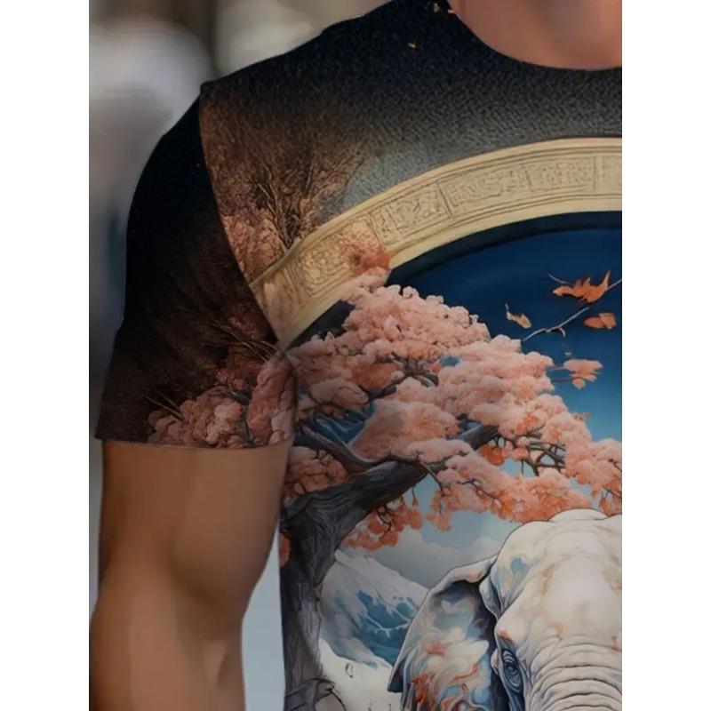Men's 3D Elephant Print T-shirt Short Sleeved T-shirt Breathable Polyester Round Neck Casual Streetwear Top