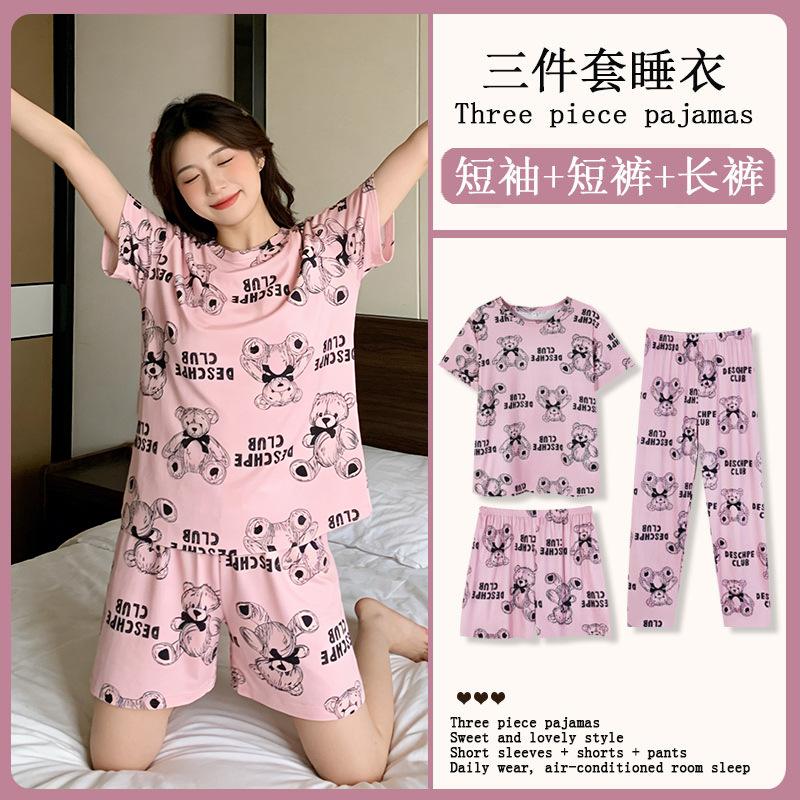 Summer Korean Sweet Pajamas Women's Crew Neck Short-sleeved Three-piece Comfortable Women's Loungewear Spot Straight Hair