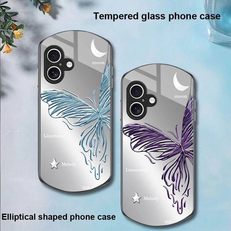 Metallic Butterfly For Apple IPhone 16 11 13 15 14 Pro Max 12 Mini 7 8 Plus XR X XS Elliptical Shaped Tempered Glass Phone Case