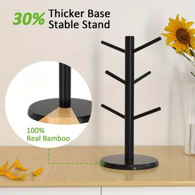 1PC Bamboo Coffee Mug Holder Tree, Thicker Base Coffee Cup Holder Stand for Counter, Mug Rack with 6 Hooks (Black)