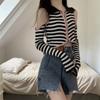 Autumn Winter Polo-neck Off the Shoulder Knitting Striped Crop Top Women Long Sleeve Hollow Zipper Sweater