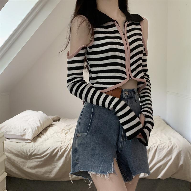 Autumn Winter Polo-neck Off the Shoulder Knitting Striped Crop Top Women Long Sleeve Hollow Zipper Sweater