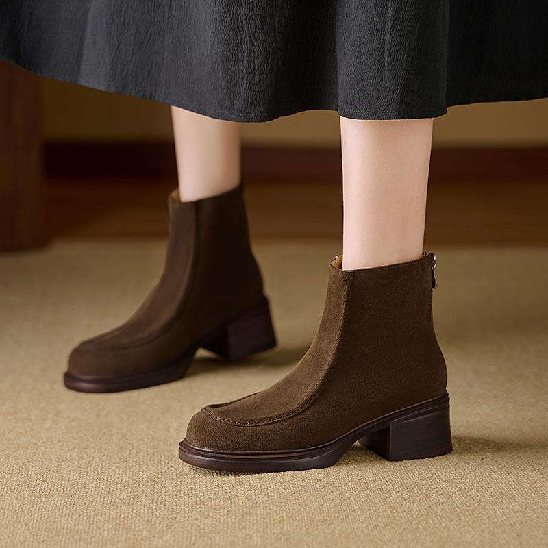 

Мода 2025 Новые осенние женские ботинки Кожа из коровьей замши Женская обувь Круглый носок Массивный каблук Высокий каблук Современные ботинки Молния Обувь на платформе 40