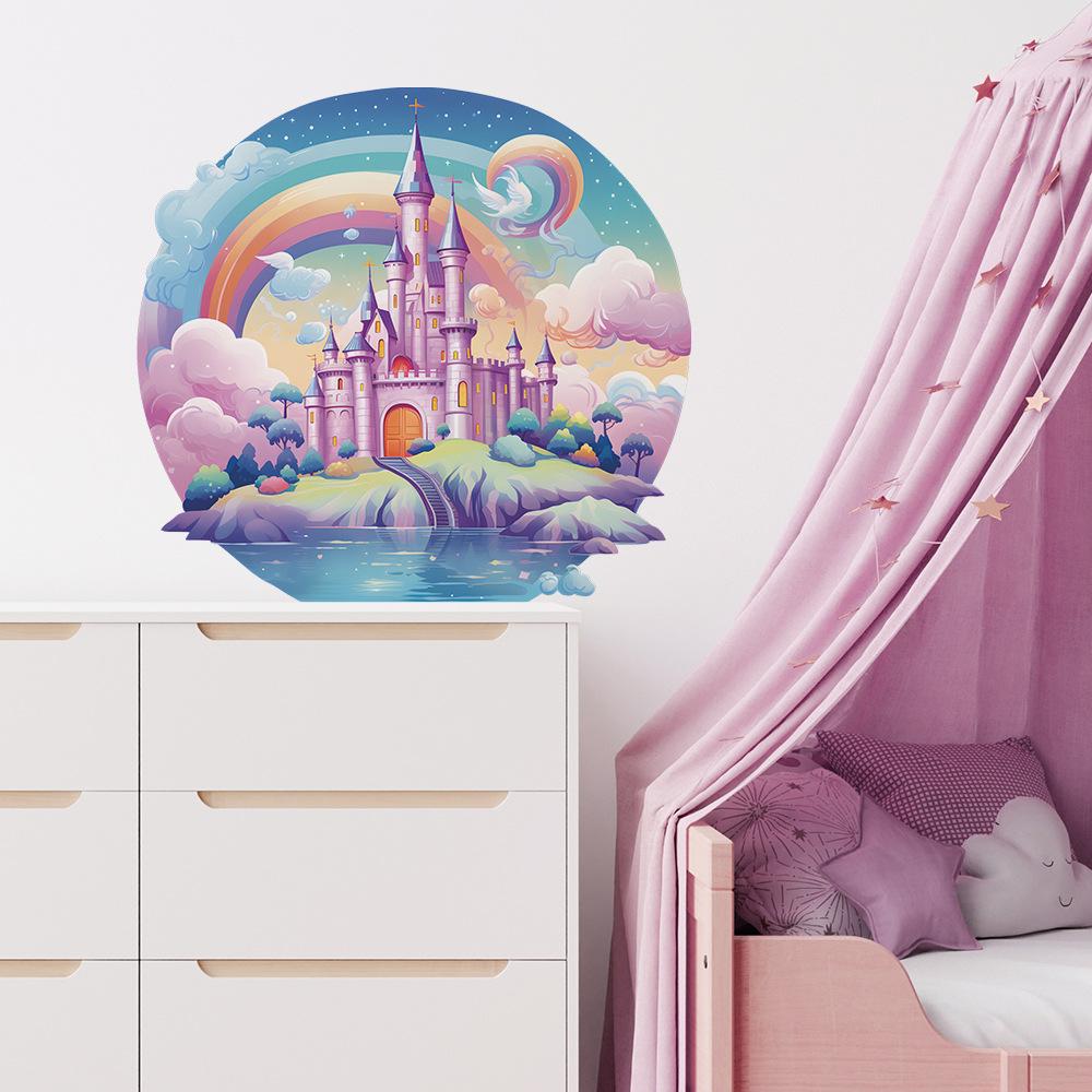 Adesivo da Parete Castello da Sogno Acquerello Cartone Animato Decorazione Parete Camera da Letto Bambini Autoadesivo Dipinto a Mano