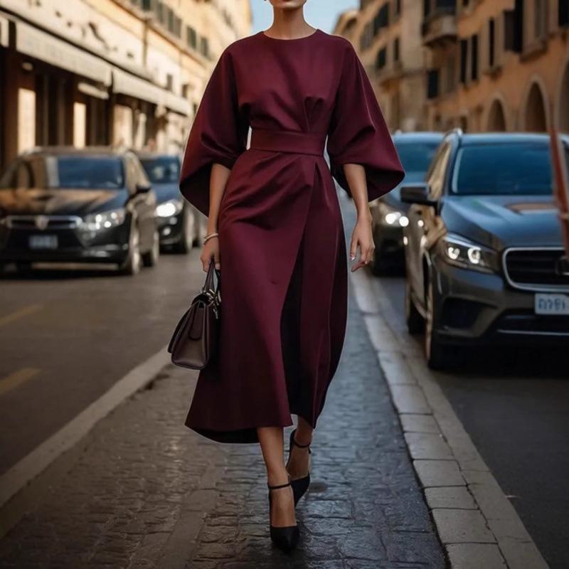 Dámské módní elegantní šaty s pasem, ležérní šaty s netopýřím rukávem