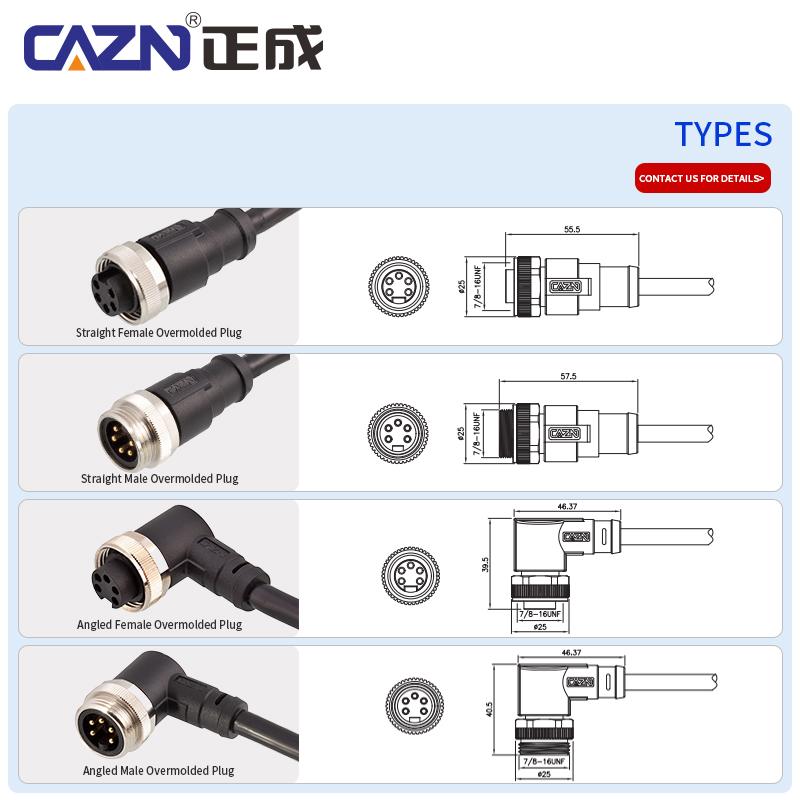 Straight Angled 3 4 5 6Pin 7/8 Unshielded Male Female Circular Plug With Wire Harness 1 2 5 Meter Overmolded Connector