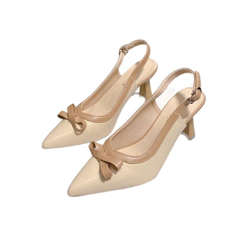 French Elegant Bow High Heels Women's Plaid Embossed Thin Heel Pointed Light Mouth Single Shoes Sandals