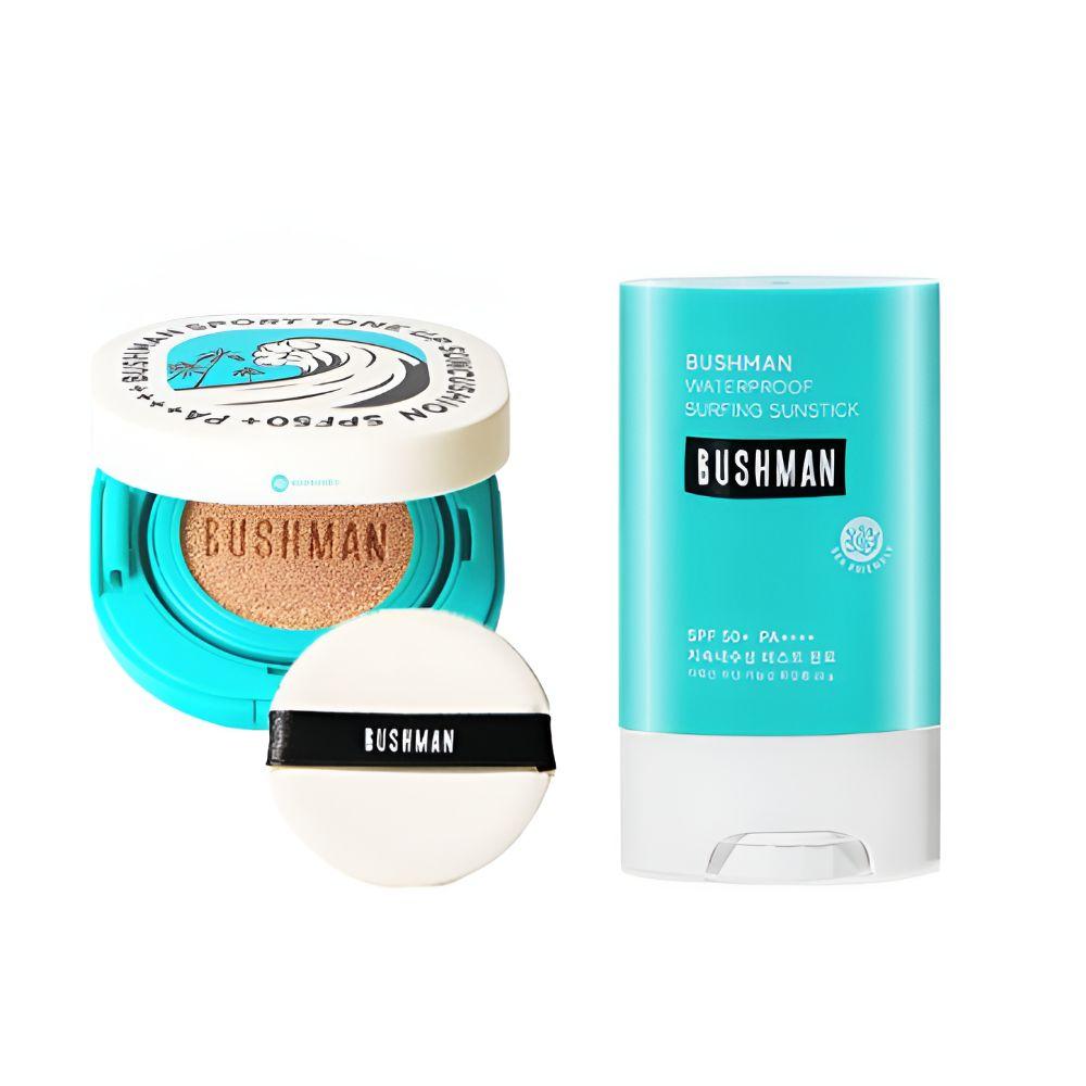 

BUSHMAN Sports Hands-Free Sun Care Set - Tone-Up Sun Cushion 15g + Surfing Sun Stick 20g SPF50+ PA++++