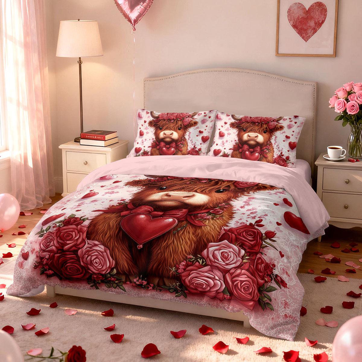 

3pcs Valentine s Day Red Romantic Highland Cow Print Coreless Bedding Set Multi Size Bedroom Bedding Decoration Machine Washable 135x200cm-EU-Single&set