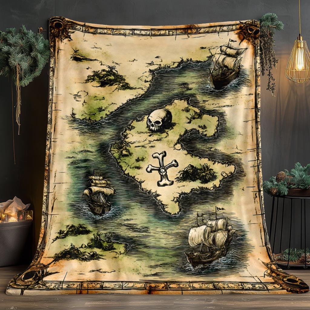 Pirate Treasure Map With Skull And Crossbones Ships Vintage Style Fleece Blanket Adventure Theme Decor Soft Flannel ThrowForBoys