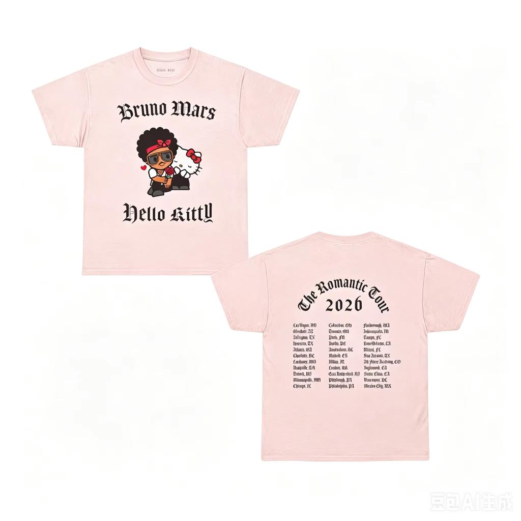 Summer Hot Sale Bruno Mars X Hello Kitty The Romantic Tour Merch Print 2026 T-shirt Y2K Men Women Hip-hop T-shirt Cotton Gothic Round T-shirt