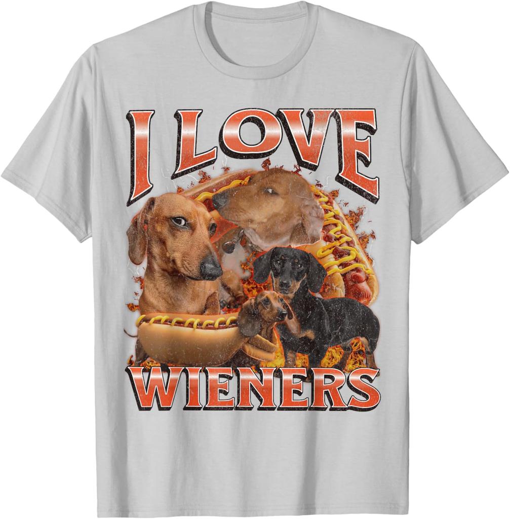 I Love Wieners Dachshund Dog Hot Dog Graphic Tee Funny Casual Cotton Short Sleeve T-Shirt Pets Owner Walking Outdoor