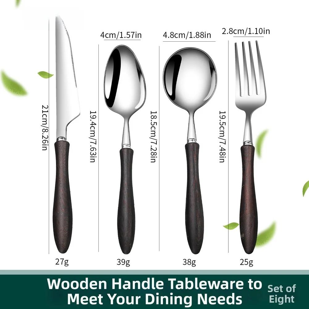 4/6 Pcs Stainless Steel Tableware-Utensil, Fork, And Spoon Set Wooden Handle Cutlery For Steak Dining Kitchen Flatware Sets