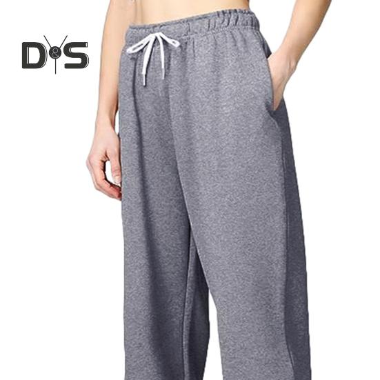 Women Pants Mid-rise Elastic Waist Adjustable Drawstring Long Trousers Solid Color Straight Wide Leg Autumn Winter Sport Trousers