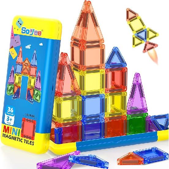 Mini Magnetic Tiles Travel Toddler Toys with Metal Tin Portable STEM Building Kids Toys for 3 4 5 6 7 8+ Years Old Boys & Girls & Birthday Gifts Travel Set