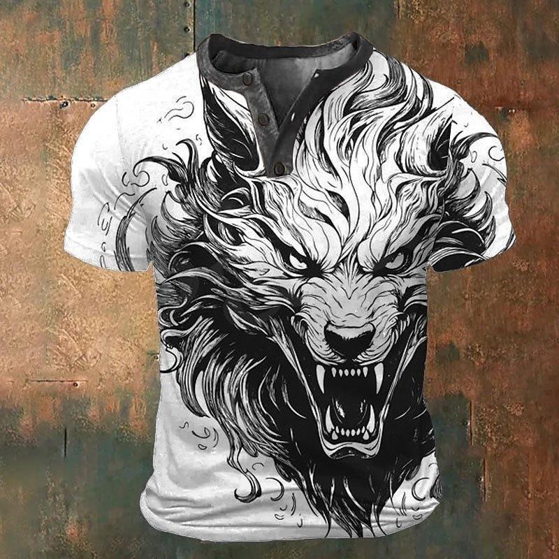 European and American semi-cardigan, casual short-sleeved digital printing slim-fit pullover Henry T-shirt top men's clothing