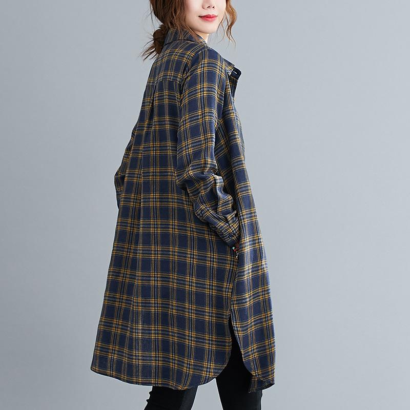 1116 Vintage Medium and Long Plaid Shirt Women's Long Sleeve Loose Large Size Shirt