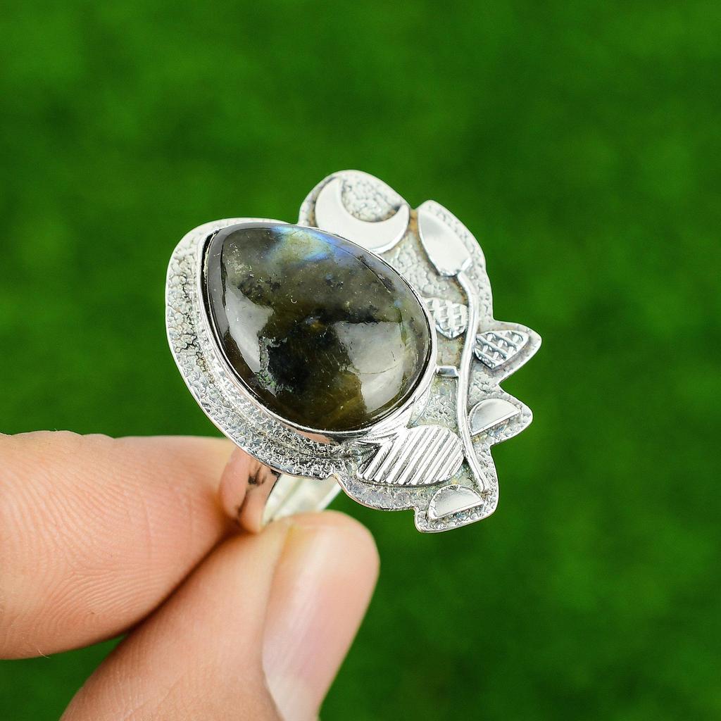925 Silver Natural Labradorite Birthday Multi Stone Engagement Cescent Moon Ring