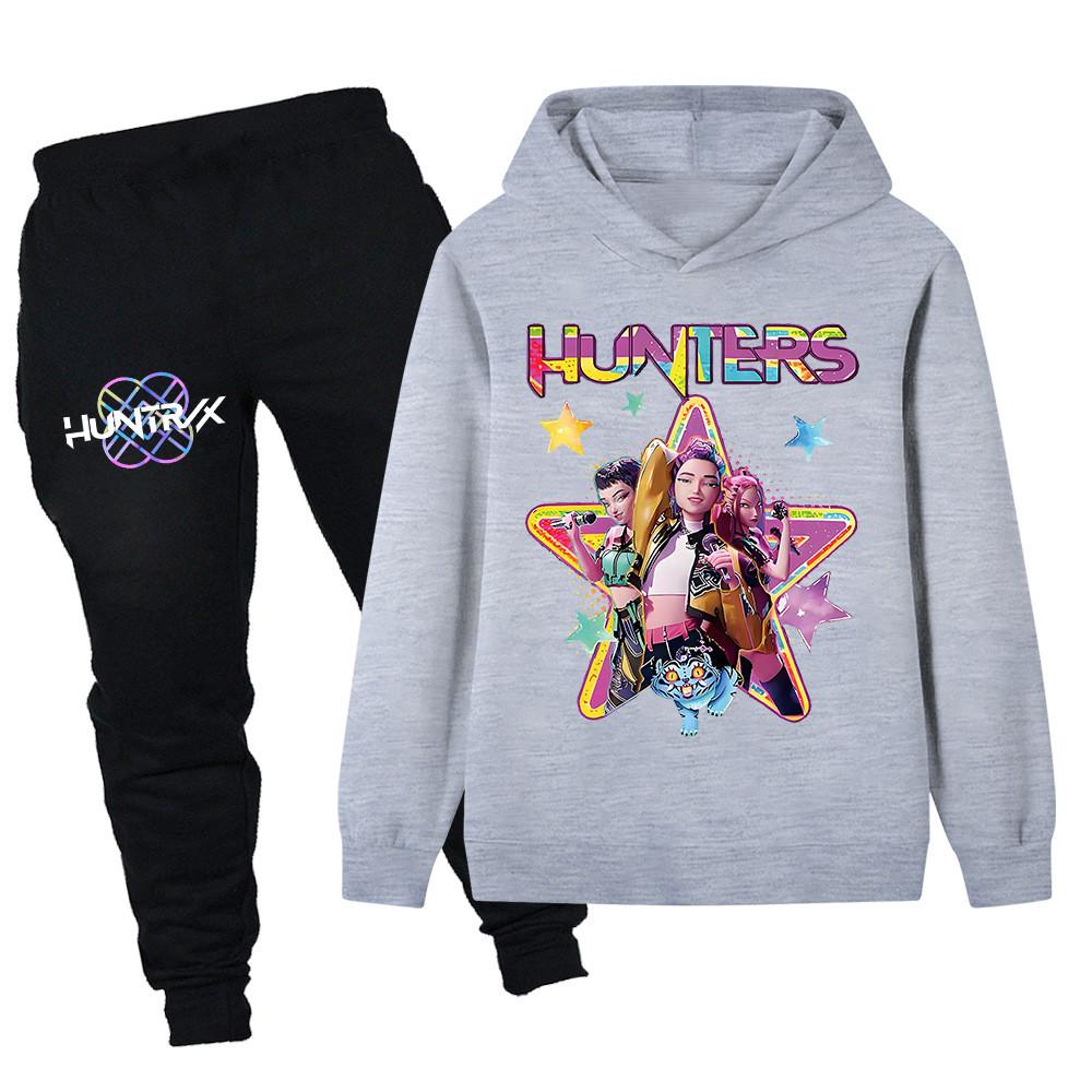 

PB1197 Kids Boys Girls Kpop Mira Zoey Rumi Print Long Sleeves Hoodie Pants Trousers Clothes Sets 170cm сірий