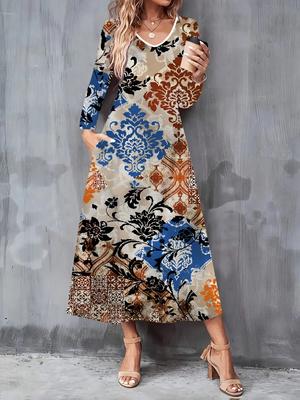 2025 Herfst en Winter Nieuwe Dames Casual Mode Jurk 3D Retro Totem Print Lange Mouwen V-Hals A-lijn Jurken