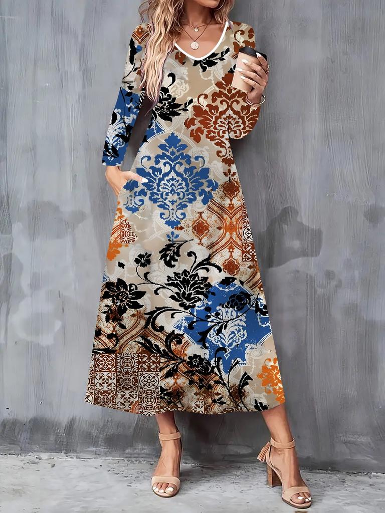 2025 Autumn and Winter New Women Casual Fashion Dress 3D Retro Totem Print Long Sleeve V-Neck A-Line Dresses