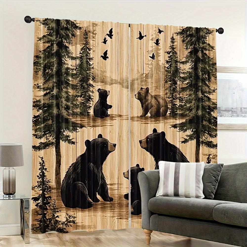 2pcs Vintage Bear Print Light Filtering Curtains - 100% Polyester Durable Machine Washable   Art Deco Forest Scene with Pine Tree