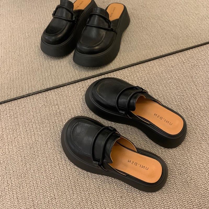 Zhike Japanese Retro Shoes Platform Sole One-pedal Leather Bag Head Women's Shoes Spring and Summer 2025 New Slippers Women's Outer Wear