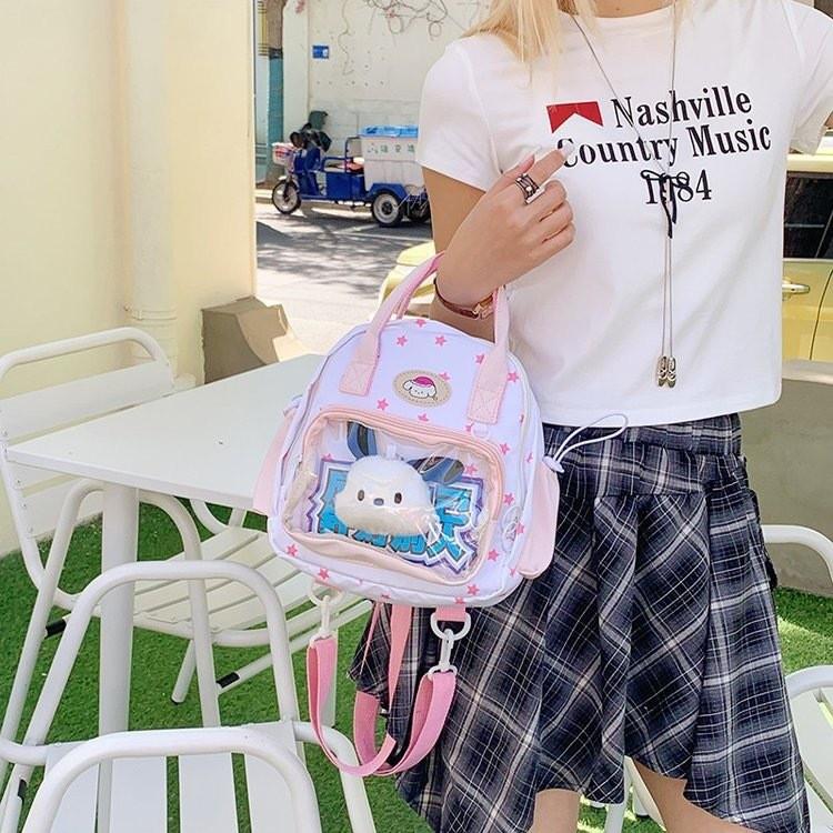 Grid Star Transparent Puppy Cartoon Girl Backpack For Student And Casual Wear