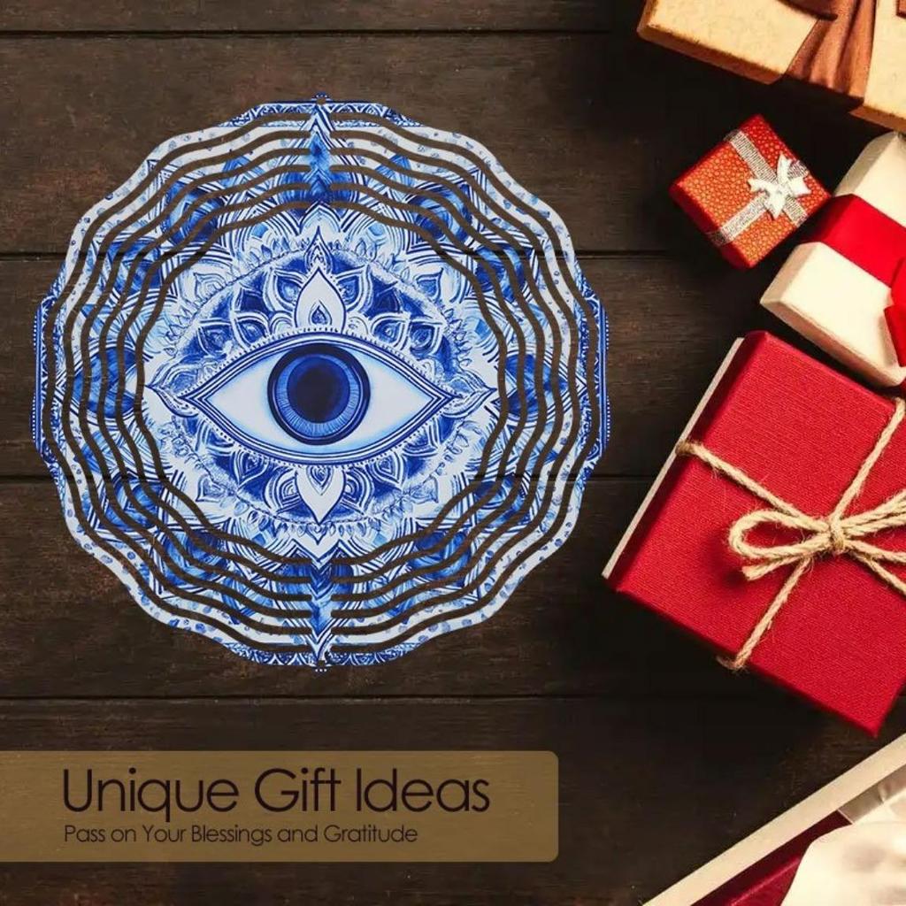 Solarbetriebenes 2D Mandala Windspiel - Metallisch Blau & Weißes Böses Auge Design, Wetterfeste Outdoor Gartendekoration für Veranda