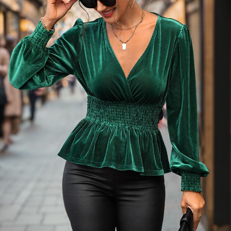 Fashionable and Casual Temperament Autumn Women's Long-sleeved Solid Color Velvet Shirt