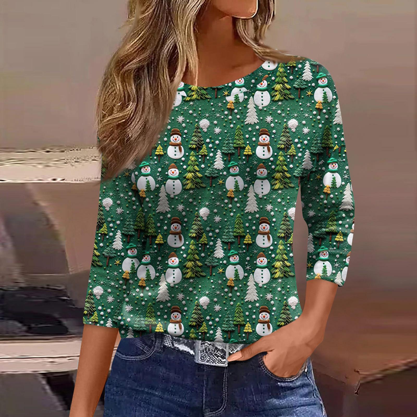 

Women s Fashion Casual Three-quarter Sleeve Christmas Printed Neck Top L армия зеленый