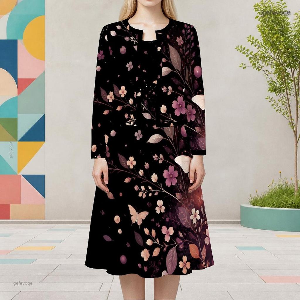 Set Due Pezzi Abito Midi Nero da Donna Taglie Forti Scollo Rotondo Manica Lunga Stampa Farfalle