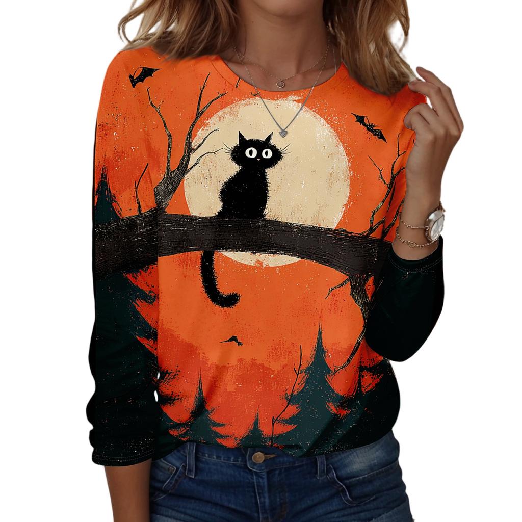 Women Long Sleeve Casual Pullover Sweatshirt Halloween Printed Crew Neck Top Lightweight Comfortable Fit for Everyday Wear