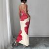 Elegante abito lungo da donna con stampa floreale da appendere al collo, vestibilità aderente che abbraccia i fianchi, abito a coda di pesce per le vacanze estive