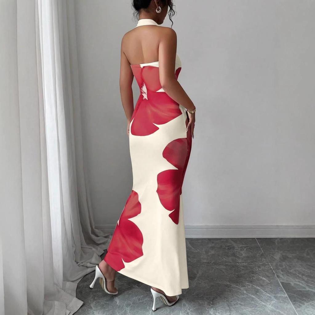 Elegante abito lungo da donna con stampa floreale da appendere al collo, vestibilità aderente che abbraccia i fianchi, abito a coda di pesce per le vacanze estive