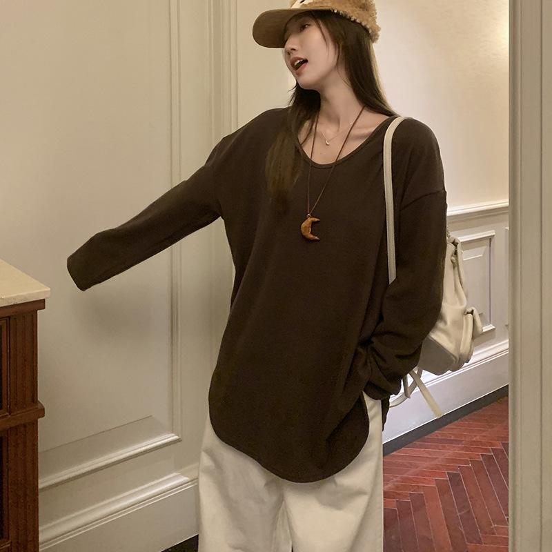 Cămașă albă, leneș, cu decolteu în V, de lungime medie, cu mâneci lungi, pentru femei, toamna și iarna, hanorac îngroșat din catifea germană.