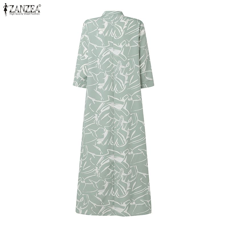 ZANZEA Women Elegant Stand Neck 3/4 Sleeve Loose Floral Printed Swing Long Dress